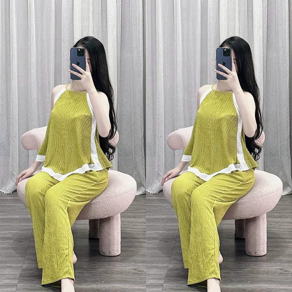 [Miễn phí ship] Đồ nữ dài chất vải đũi mát mặc ở nhà, set bộ nữ áo sơ mi có túi tay ngắn, quần ống rộng, quần nữ suông dài, có hình thật