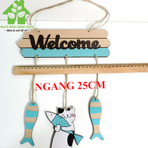 Bảng gỗ decor trang trí CỬA HÀNG 🚀WELCOME MÈO ÔM CÁ🚀 (tặng kem móc treo tường)