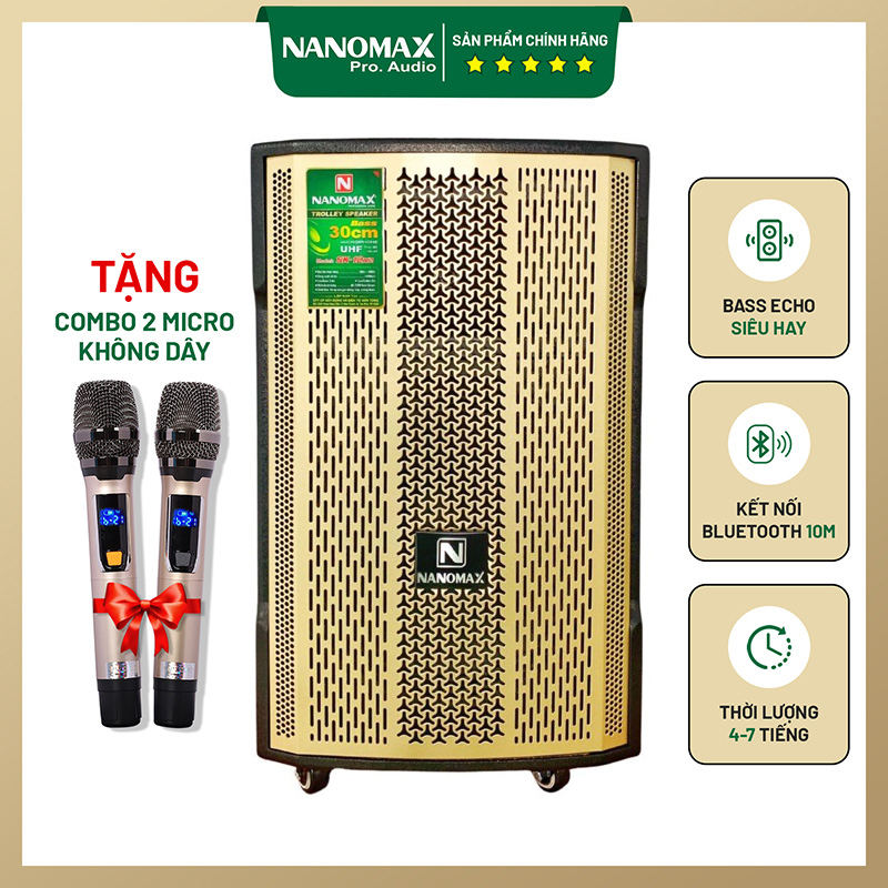 Loa Kéo Karaoke Giá Rẻ | Loa Kéo Nanomax 12X2 công suất 420W | Loa Kéo 3 tấc tặng kèm 2 micro hát karaoke cao cấp GT8