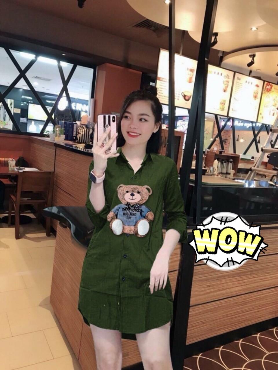 Đầm sơ mi in hình gấu siêu xinh
