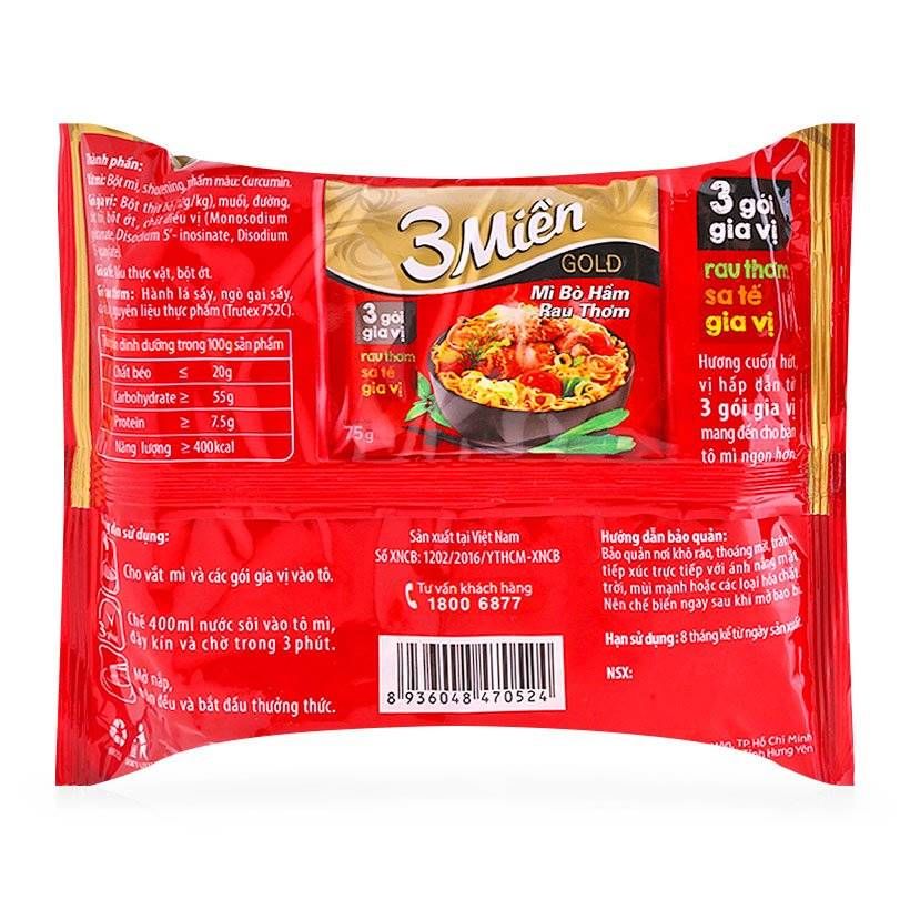 Thùng 30 gói mì tôm 3 miền- mì bò rau thơm 75G