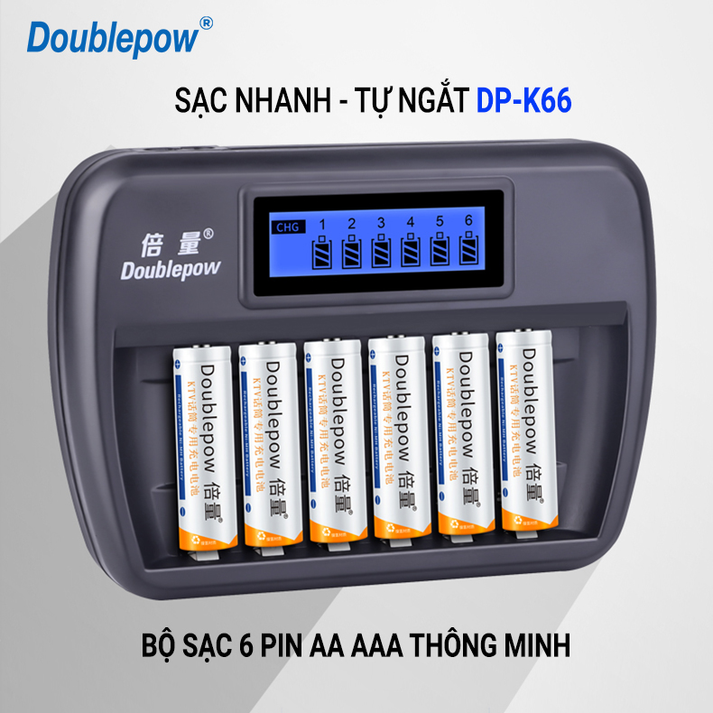 Bộ sạc 6 pin AA AAA sạc nhanh, tự ngắt DP-K66 Doublepow Cho Micro, đồ chơi