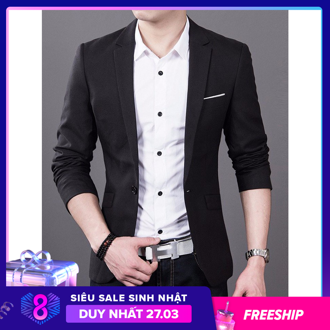 Áo Khoác Vest Nam Form Ôm Body May 2 Lớp Mềm Mịn TẶNG CÀ VẠT ĐEN (miếng vải trắng túi áo tùy chỉnh)