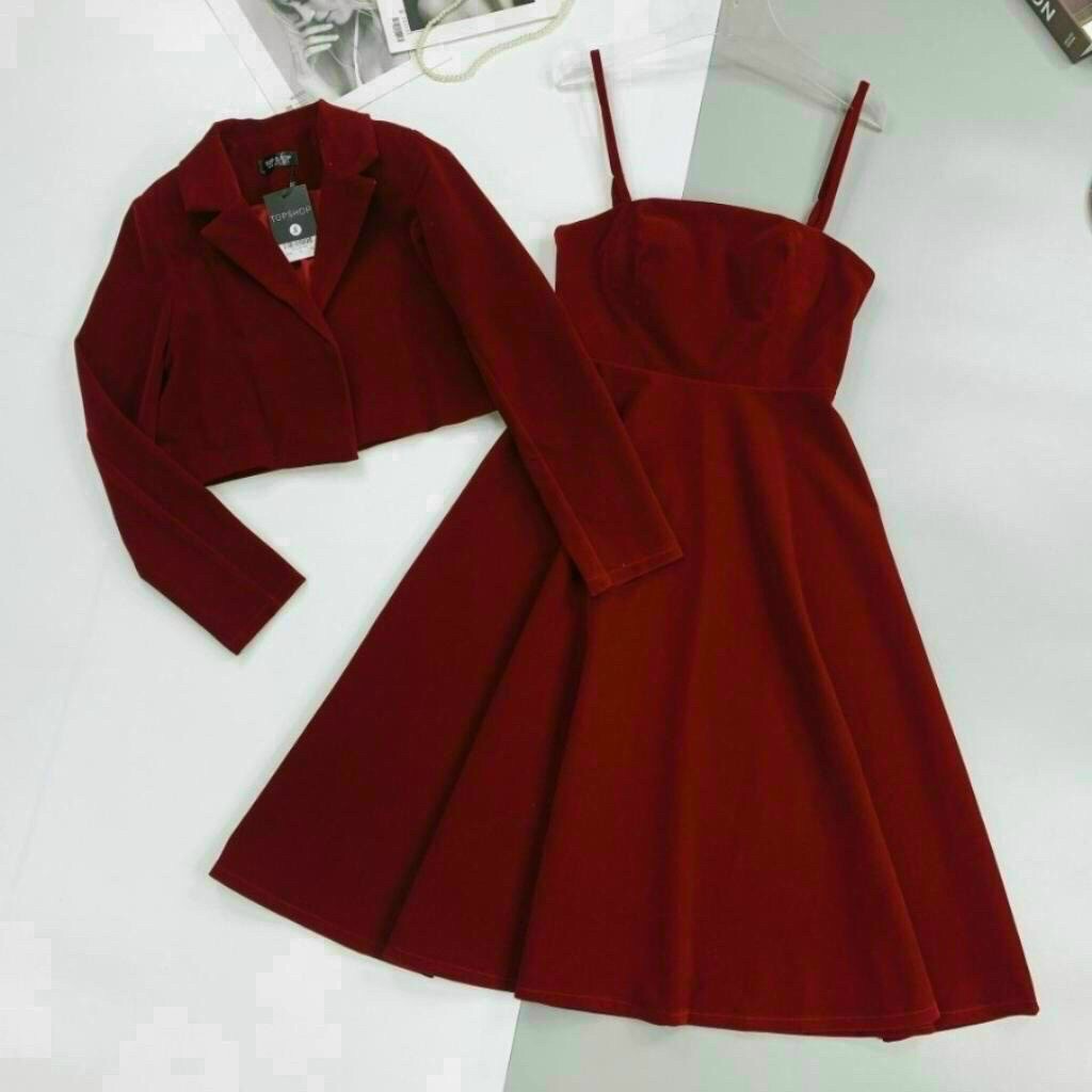 Đầm nữ thời trang mặc đi tiệc, Đầm umi maxi có mút hai dây váy xoè kèm kèm khoác ngắn tay dài phong cách Hàn Quốc