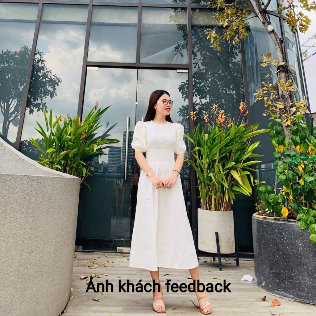 [Có sẵn] Đầm maxi trắng tay phồng bo eo tay phồng
