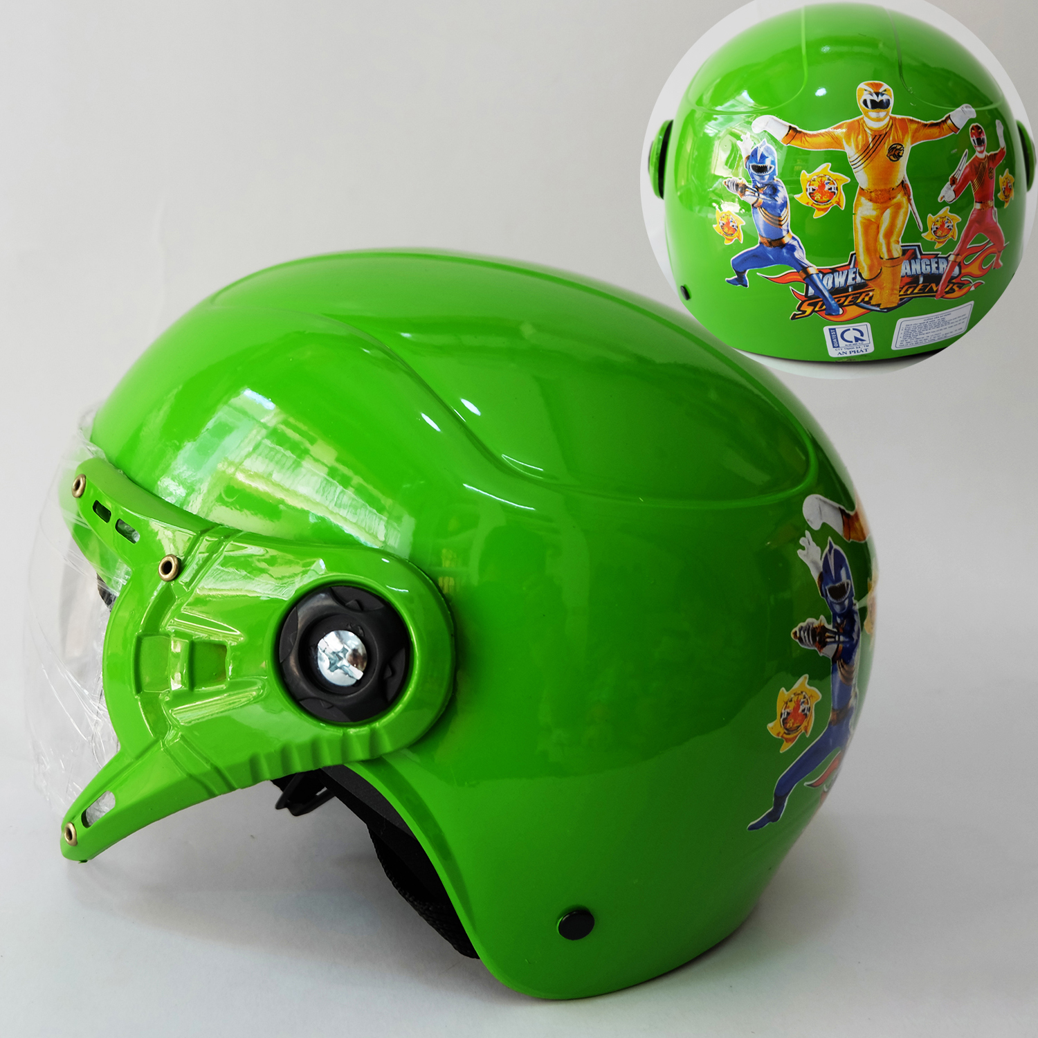 NÓN BẢO HIỂM TRẺ EM CÓ KÍNH,CHO BÉ 4-10 TUỔI,HÌNH SIÊU NHÂN,MÀU LÁ,NHƯ HÌNH-ĐẠT CHUẨN CR