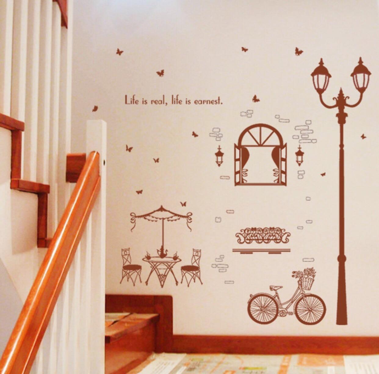 decal dán tường mẫu cột đèn ghế khung cửa sổ