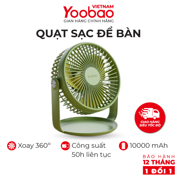 Quạt sạc mini để bàn Yoobao F2 PRO 10000mAh - Góc xoay 360 độ- Hàng chính hãng - Bảo hành 12 tháng 1 đổi 1
