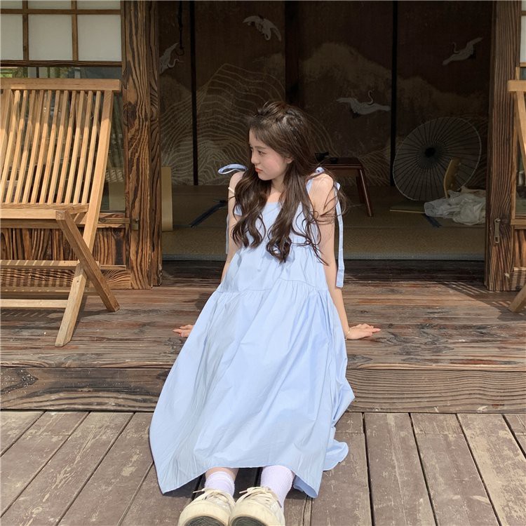 Đầm Babydoll 2 Dây Vai Thắt Nơ Dáng Dài