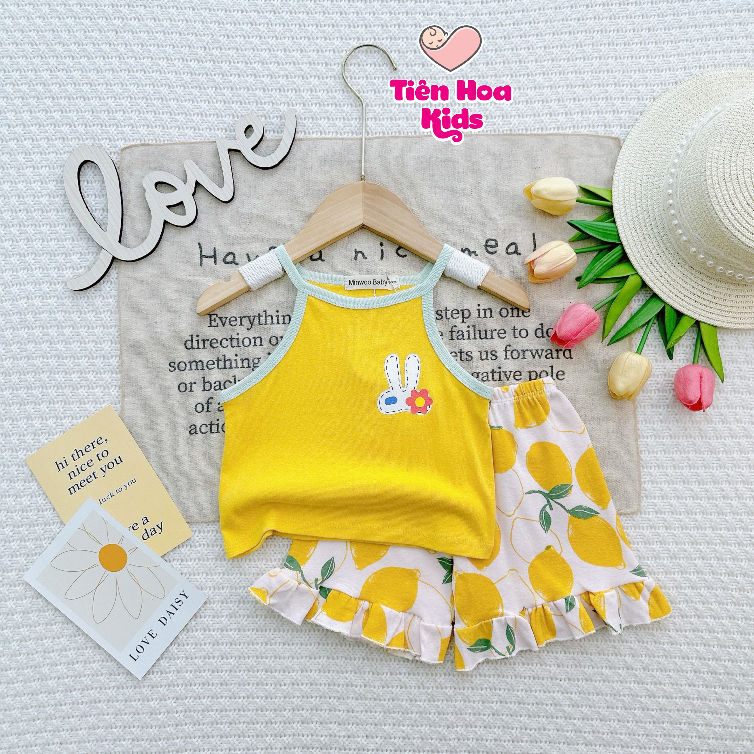 Bộ 2 dây cổ yếm quần đùi bèo Bozip siêu mềm mịn mát cho bé gái