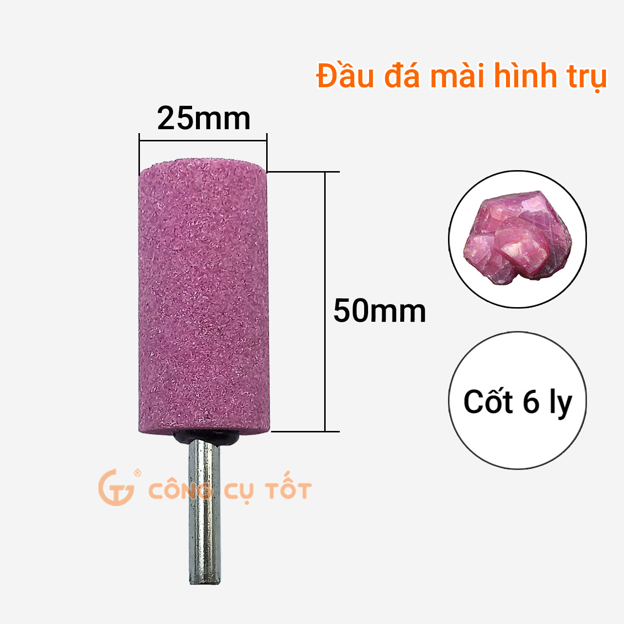 Mũi đá mài lốp hình trụ cốt 6 ly, đầu mài dài 25, 50mm