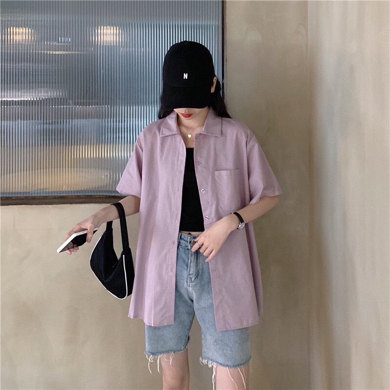 Áo Sơ Mi Cổ Vest phối túi Nam Nữ 3 màu basic chất vải thô mềm