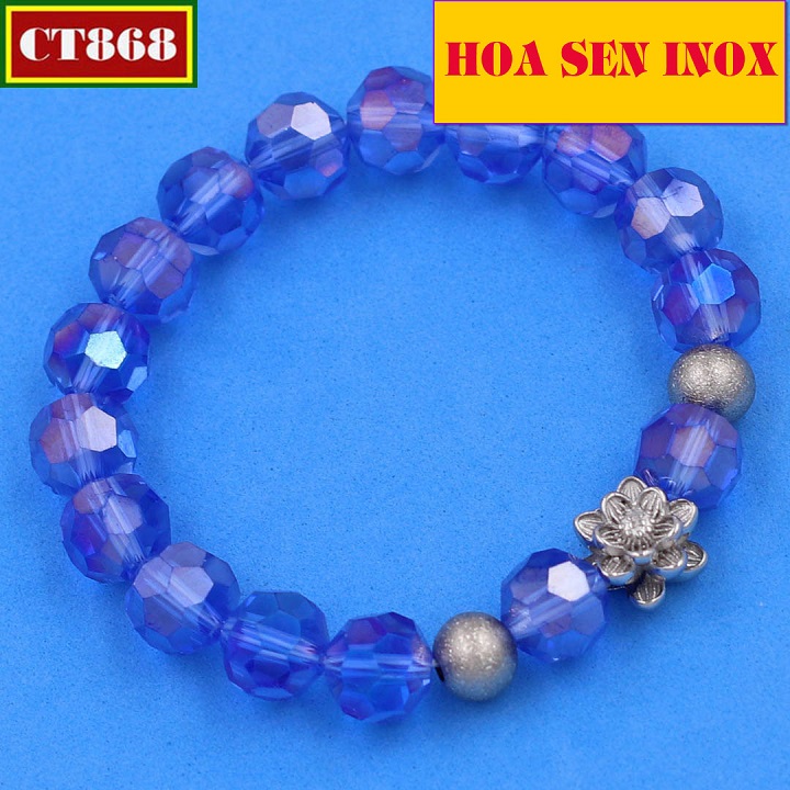[HCM]Vòng đeo tay pha lê cắt giác xanh dương 10 ly hoa sen trắng phối 2 bi VCFLGXGHSTHBT10