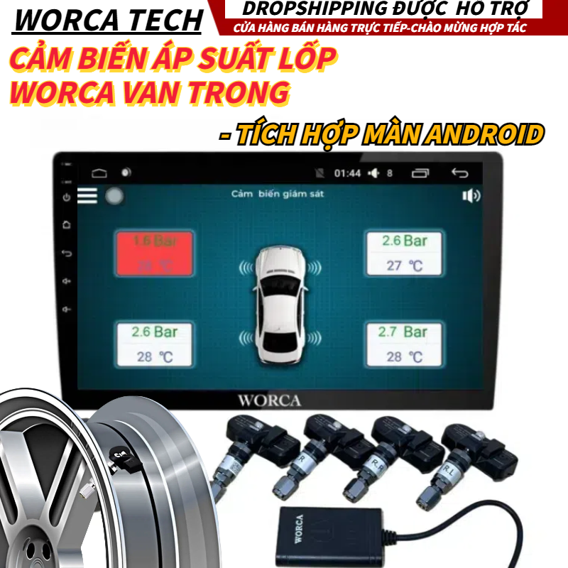 Cảm biến áp suất lốp ô tô TPMS WORCA, Cảm biến áp suất lốp xe hơi gắn van Trong van ngoài, Cảm biến áp suất lốp ô tô dùng năng lượng mặt trời Tích hợp màn Android