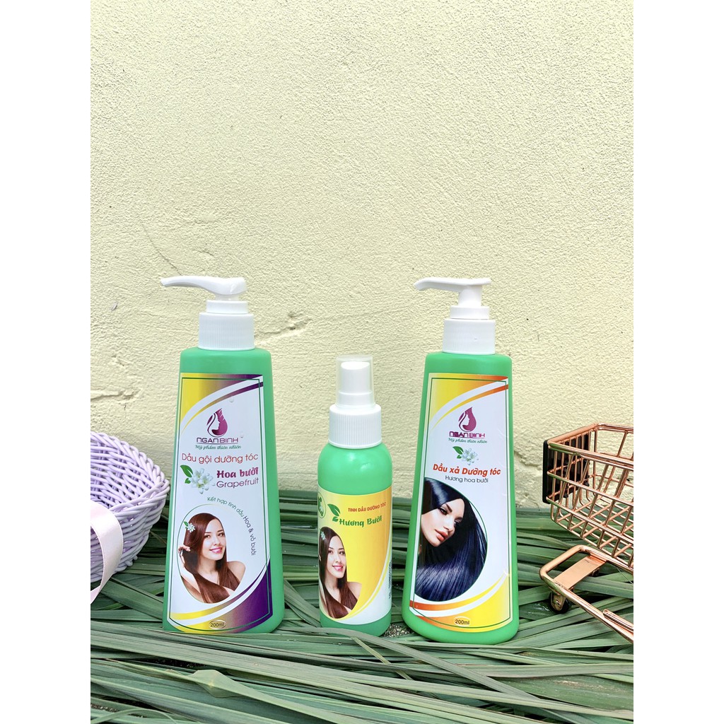 (Bộ 3) sp dưỡng tóc NGÂN BÌNH, gồm dầu gội hoa bưởi, dầu xả hương hoa bưởi và tinh dầu dưỡng tóc hương bưởi