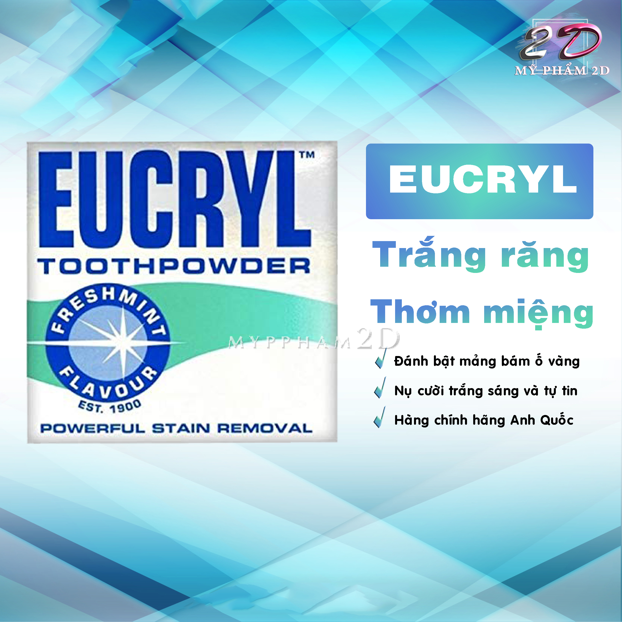 2in1 Kem đánh răng / Bột trắng răng EUCRYL trắng sáng, thơm miệng - Anh Quốc (Có dán tem phụ)