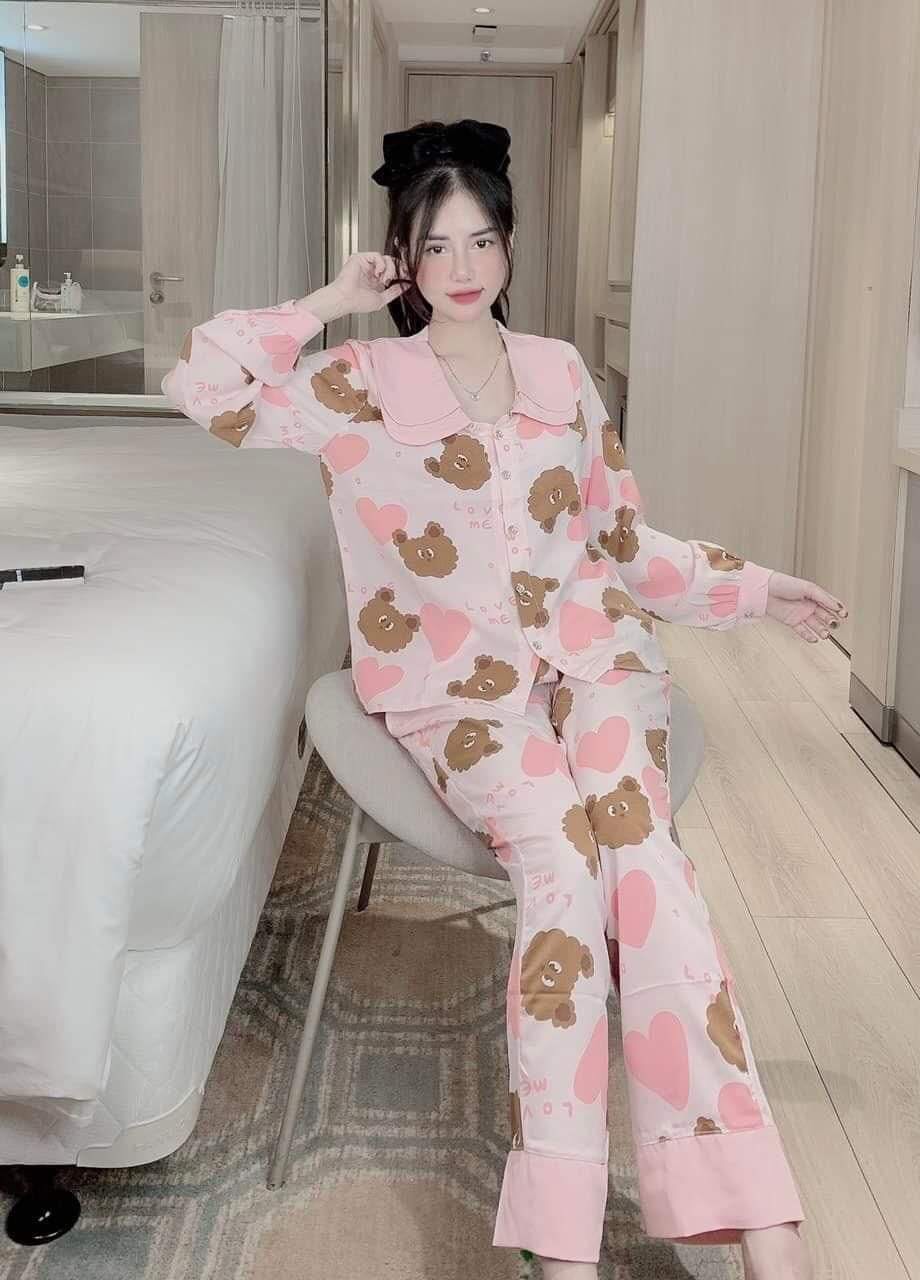 bộ đồ ngủ pijama lụa hồng dễ thương , bộ đồ ngủ hot hit , bộ đồ ngủ lụa