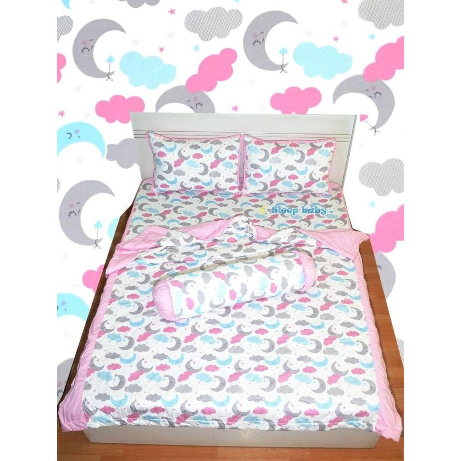 Bộ Chăn Ga Gối Đệm Cho Bé Sleepbaby Hình Mây Trăng Hồng
