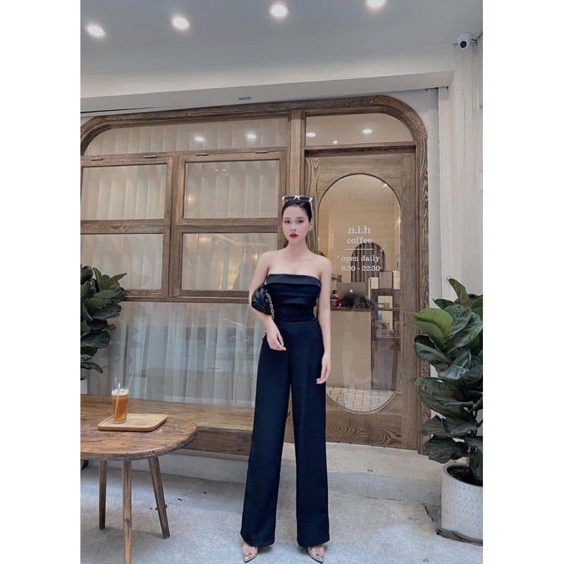 [HÀNG ĐẸP sẵn mút ngực] Jumpsuit Ống Suông Cúp Ngực Xếp Li Tôn Dáng
