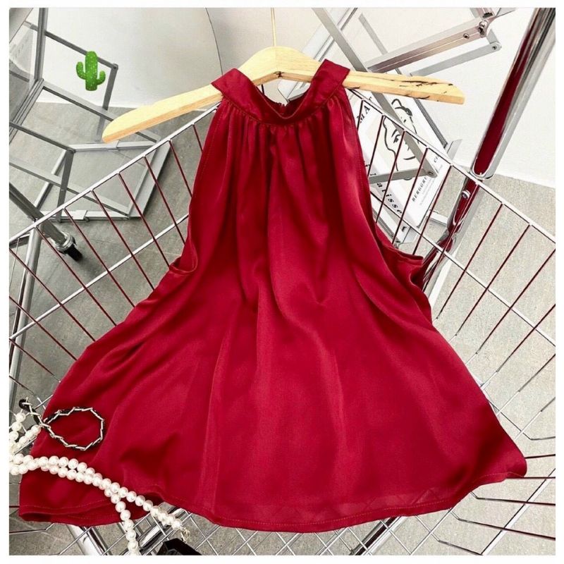 🎀 Áo kiểu cổ yếm đỏ tươi form xoè siêu xinh (có zíp sau), chất phi lụa mềm mịn🎀