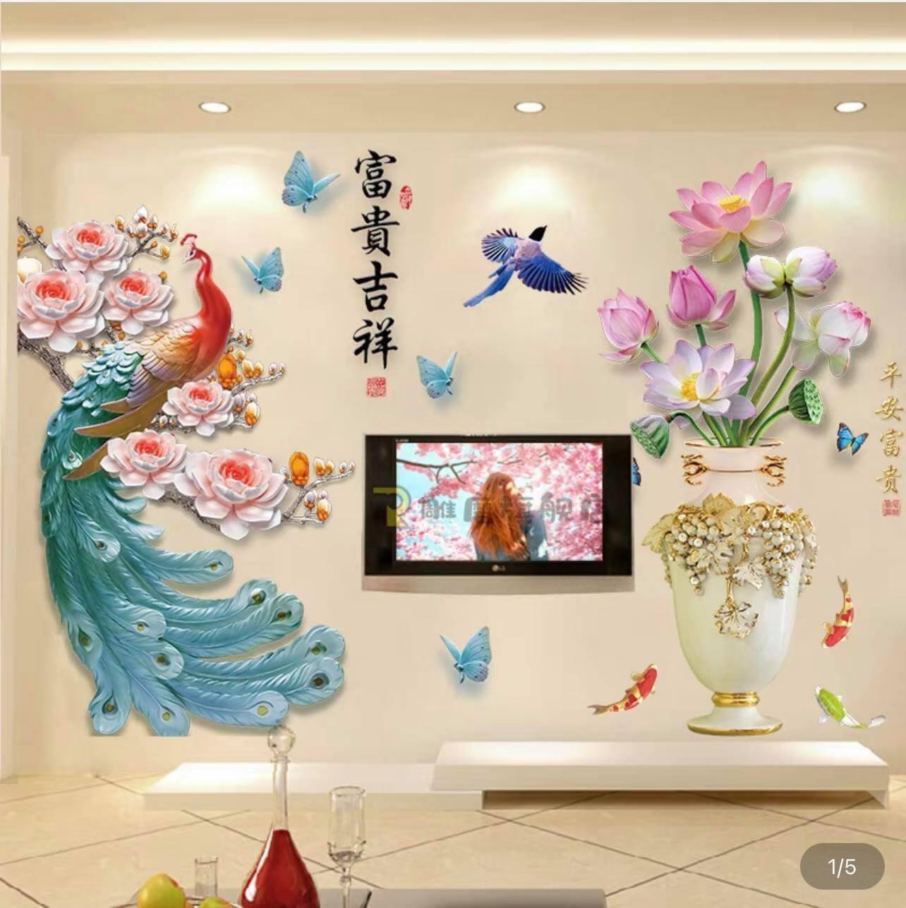 Decal dán tường tết chim công và bình hoa phong thủy 5