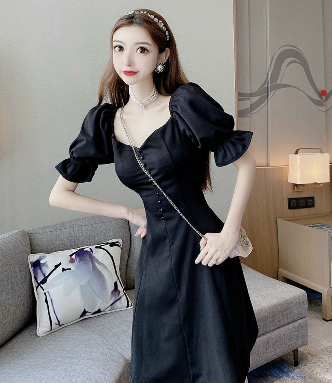 Đầm Xòe Nút Bọc Cổ V 2 Màu - DX0054