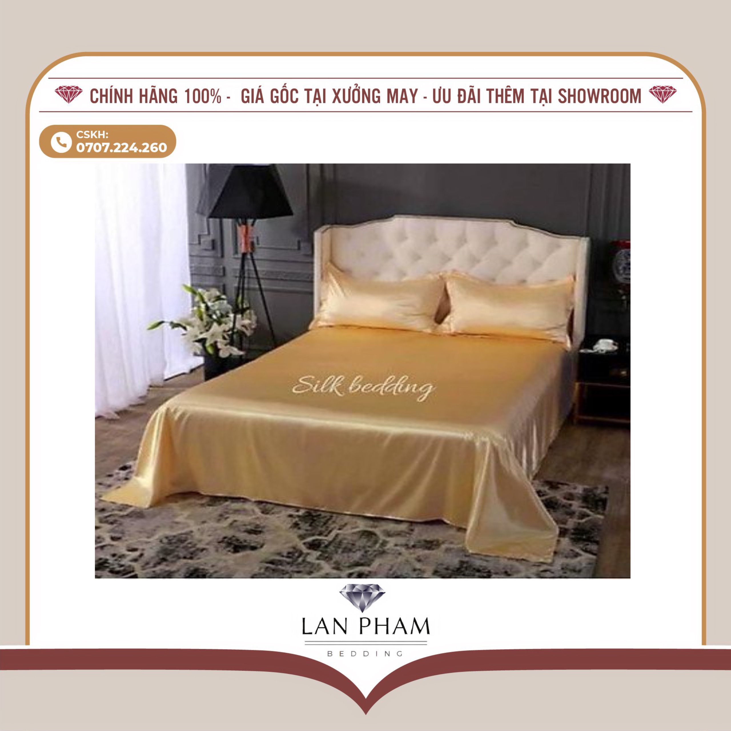 BỘ GA GIƯỜNG DRAP GỐI PHI LỤA MÀU VÀNH CHANH CAO CẤP LAN BEDDING