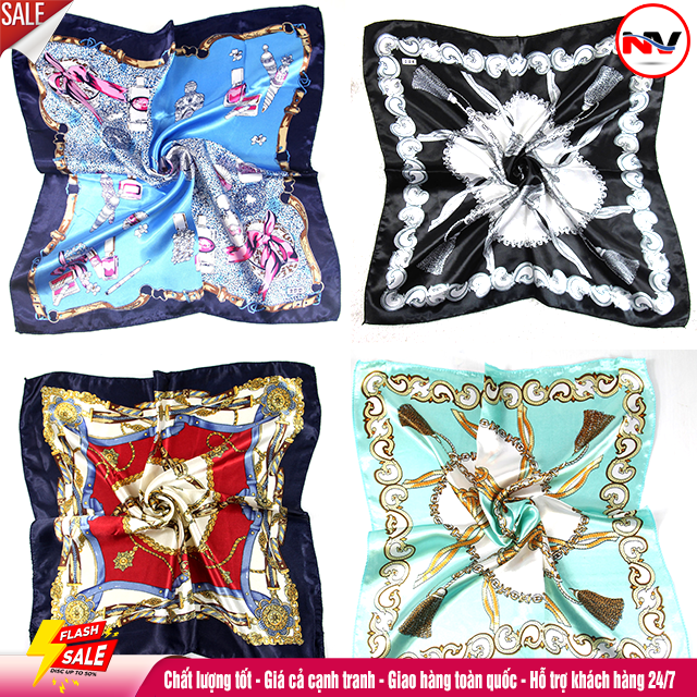 Khăn Choàng Cổ Lụa Satin 50x50 cm Hoa Văn Thanh Lịch