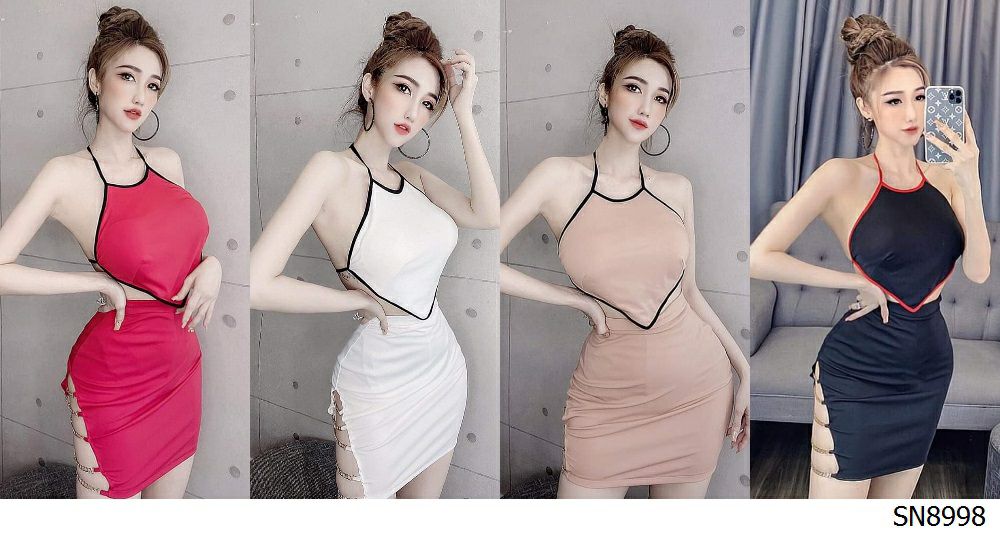 sét áo yếm viền hở lưng chân váy phối xích