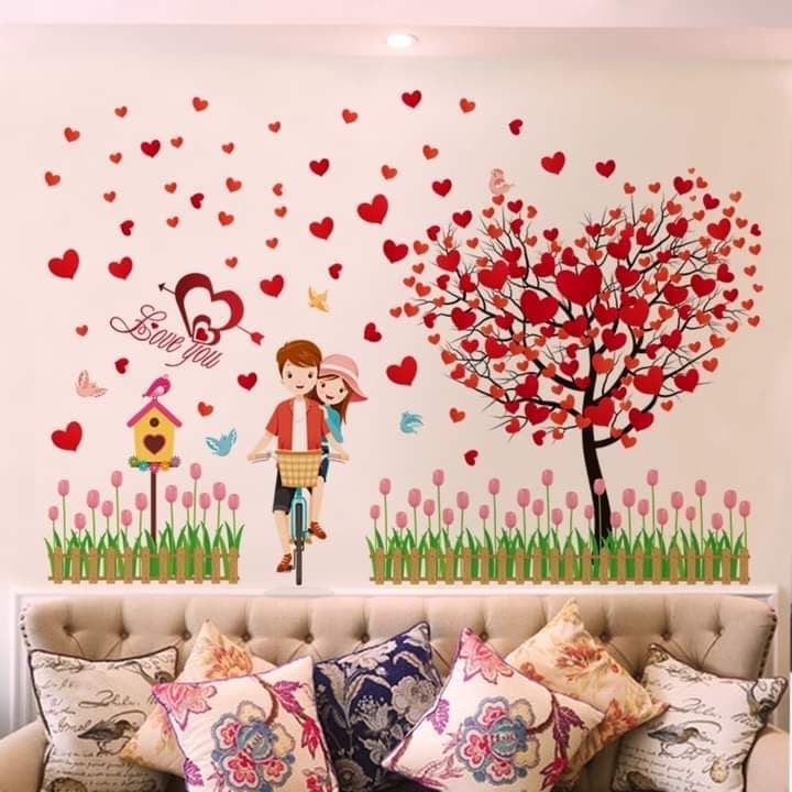 DECAL DÁN TƯỜNG CÂY TRÁI TIM VÀ CẶP ĐÔI XE ĐẠP 12