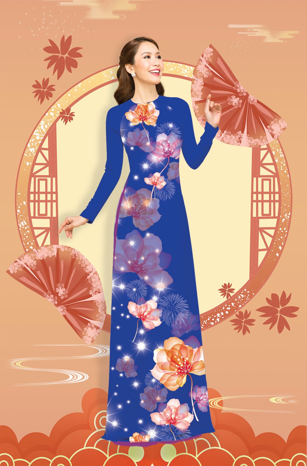 [HCM]ÁO DÀI TRUYỀN THỐNG IN ANH ĐÀO CAO CẤP- KHÔNG KÈM QUẦN