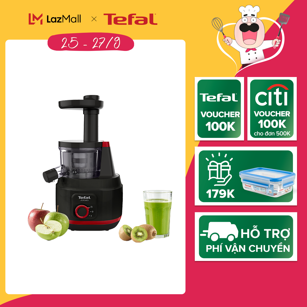 Máy ép chậm trái cây TEFAL ZC150838, công nghệ ép lạnh, ép êm, hàng chính hãng bảo hành 2 năm