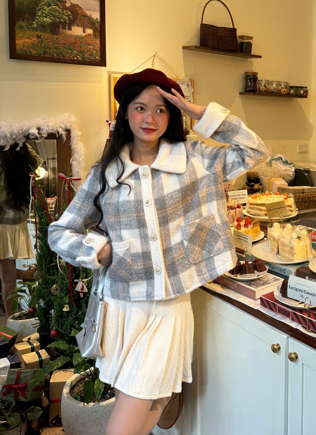 BLEUBIRD Áo khoác dạ lông kẻ caro Ella Coat