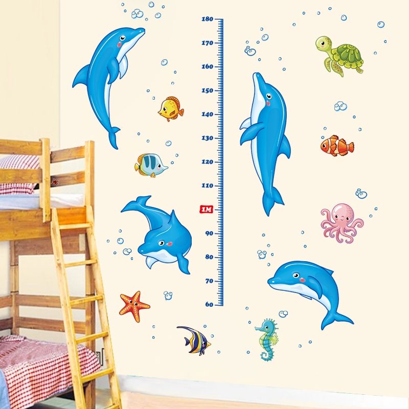 Decal dán tường thước đo chiều cao cá heo dễ thương