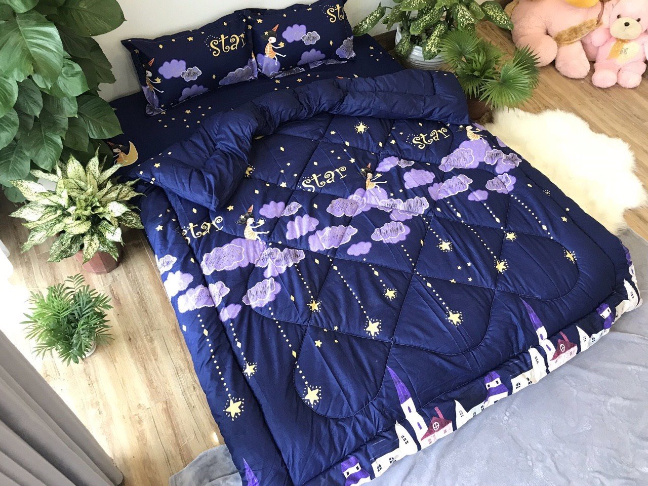 Bộ chăn phao ga gối kèm vỏ gối ôm cotton poly gồm 5 món mẫu sao rơi Bà Béo  Kho chăn ga gối, ga giường, drap giường