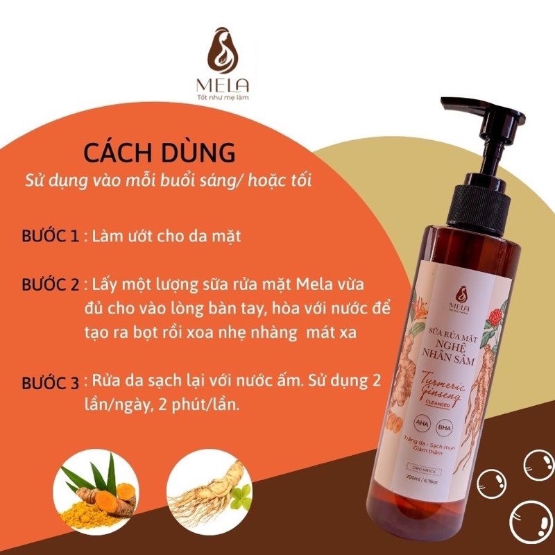 Sữa Rửa Mặt Nghệ Nhân Sâm MELA 200ml làm sạch dịu nhẹ, giảm mụn cho da mặt và giảm thâm, cung cấp dưỡng chất giúp da sáng hơn - H.E.E COSMETIC
