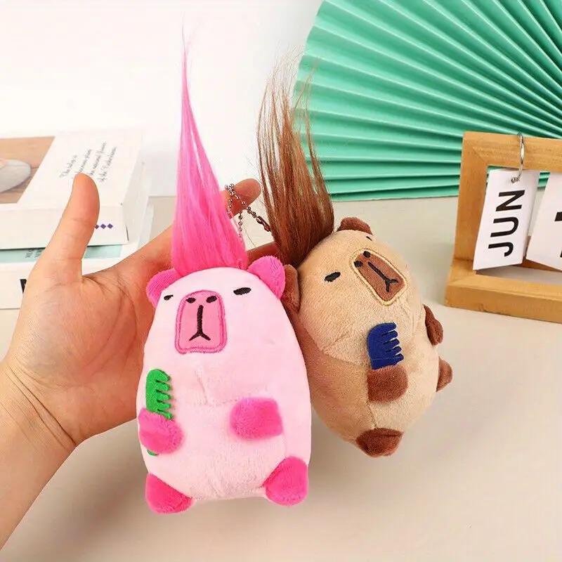 Móc khoá Capybara chuột lang bông có tóc cặp đôi vô tri có tóc hài hước.