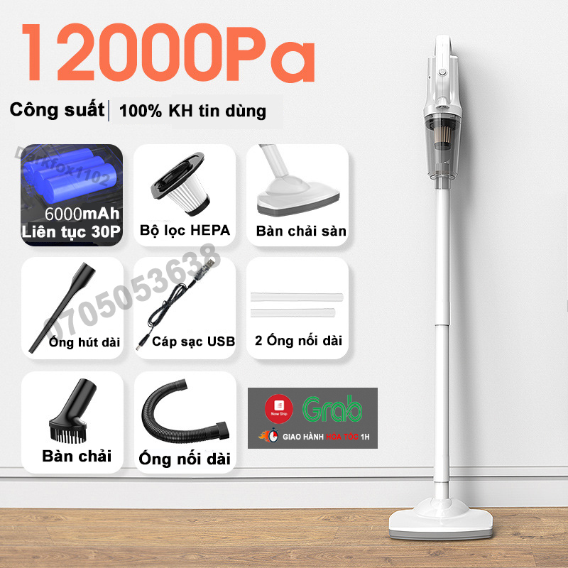 Máy hút bụi cầm tay mini JIASHI, máy hút bụi giường, ô tô không dây lực hút 12000PA hút liên tục 20 phút FULL phụ kiện đi kèm MHB03