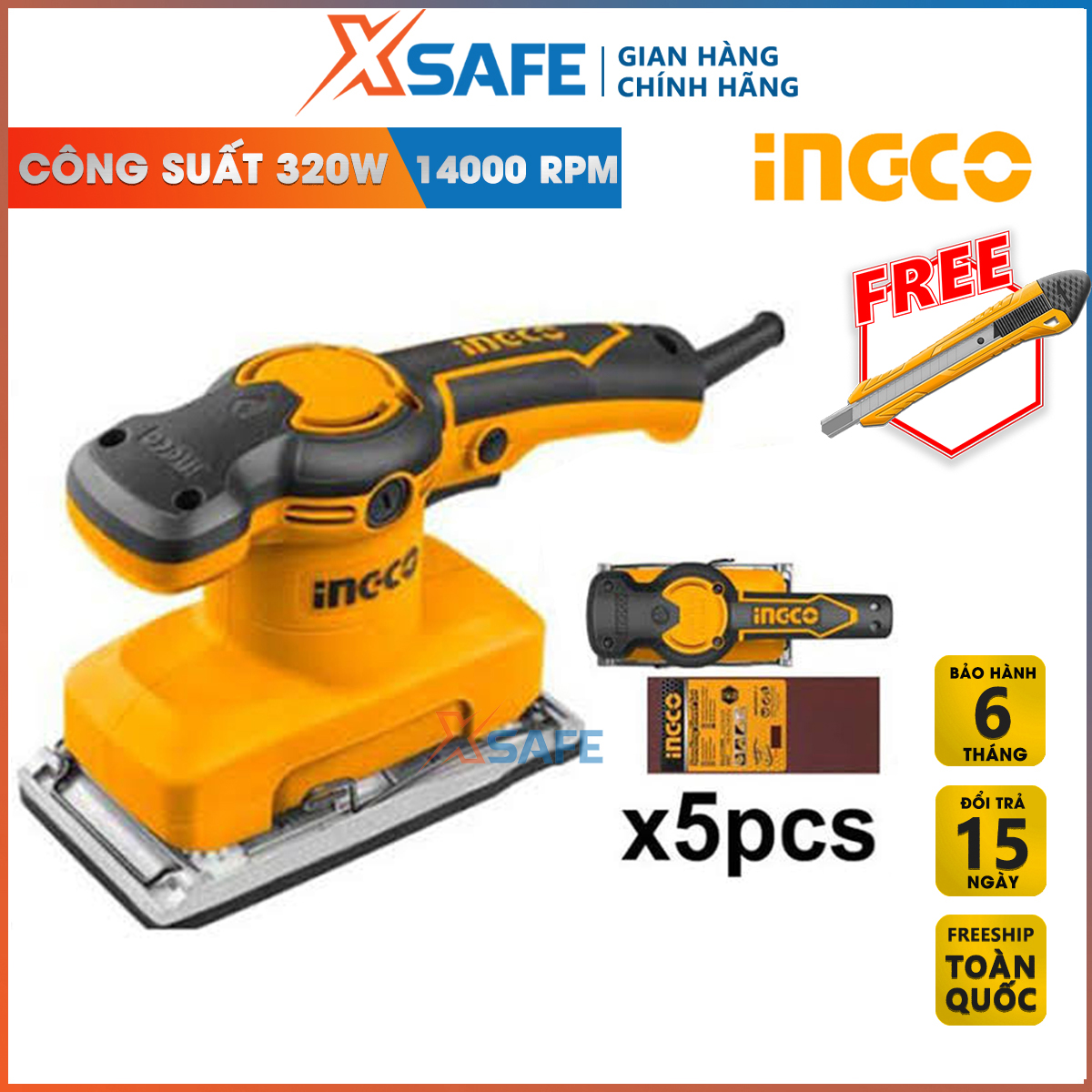 Sanding machine FS3208 ingco 320 W attached 5 piece of sandpaper. Rubbing machine no-load speed: 14000 rpm-size sanding: 180mm x 90mm distribution genuine xsafe