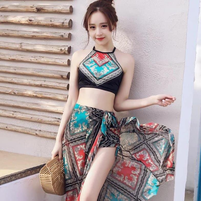 Bộ đồ bơi 3 chi tiết họa tiết thổ cẩm - set áo tắm đi biển nữ kèm khăn tắm siêu đẹp