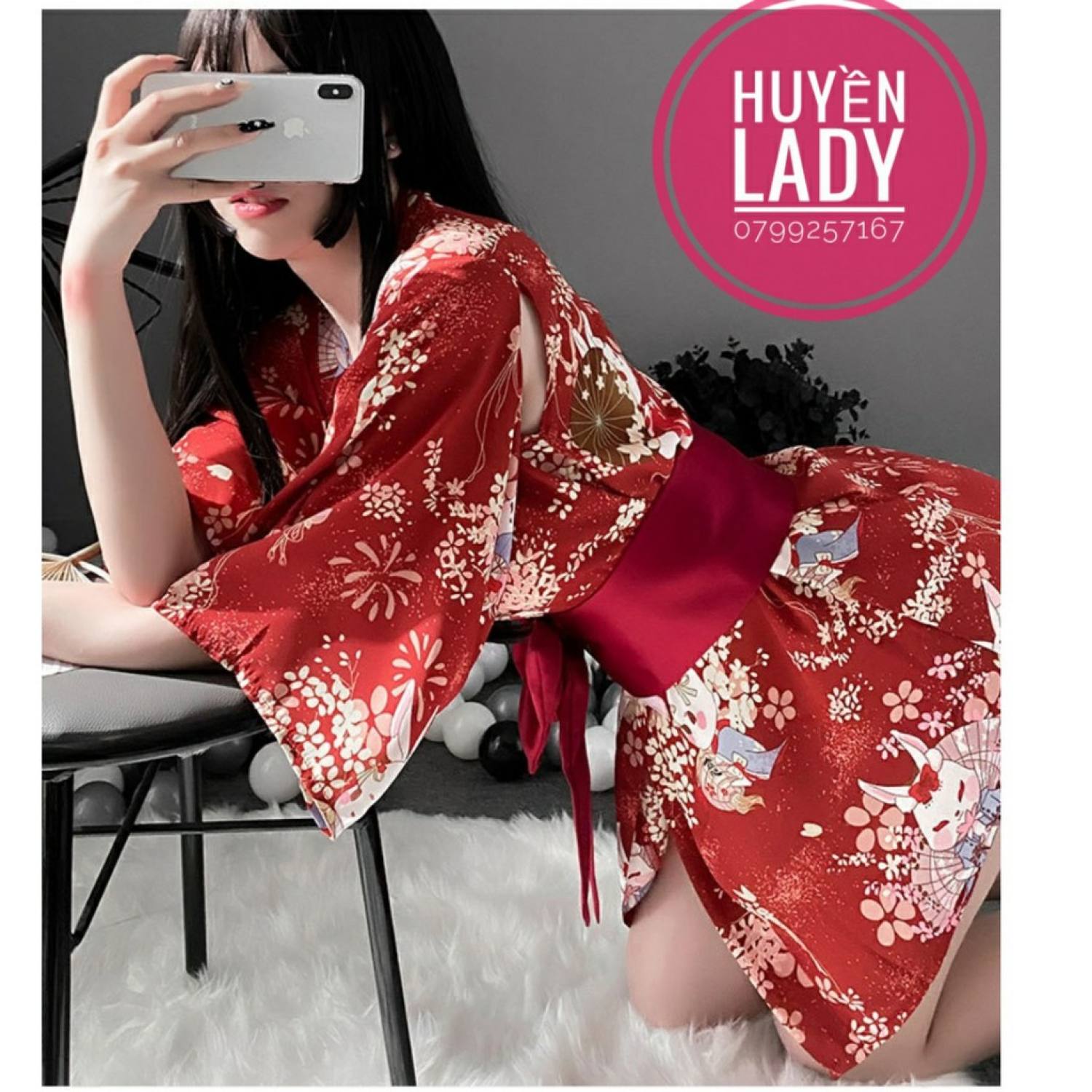 Đồ ngủ cosplay sexy kimono hoa anh đào Nhật Bản đỏ gợi cảm quyến rũ + quần chip G-string