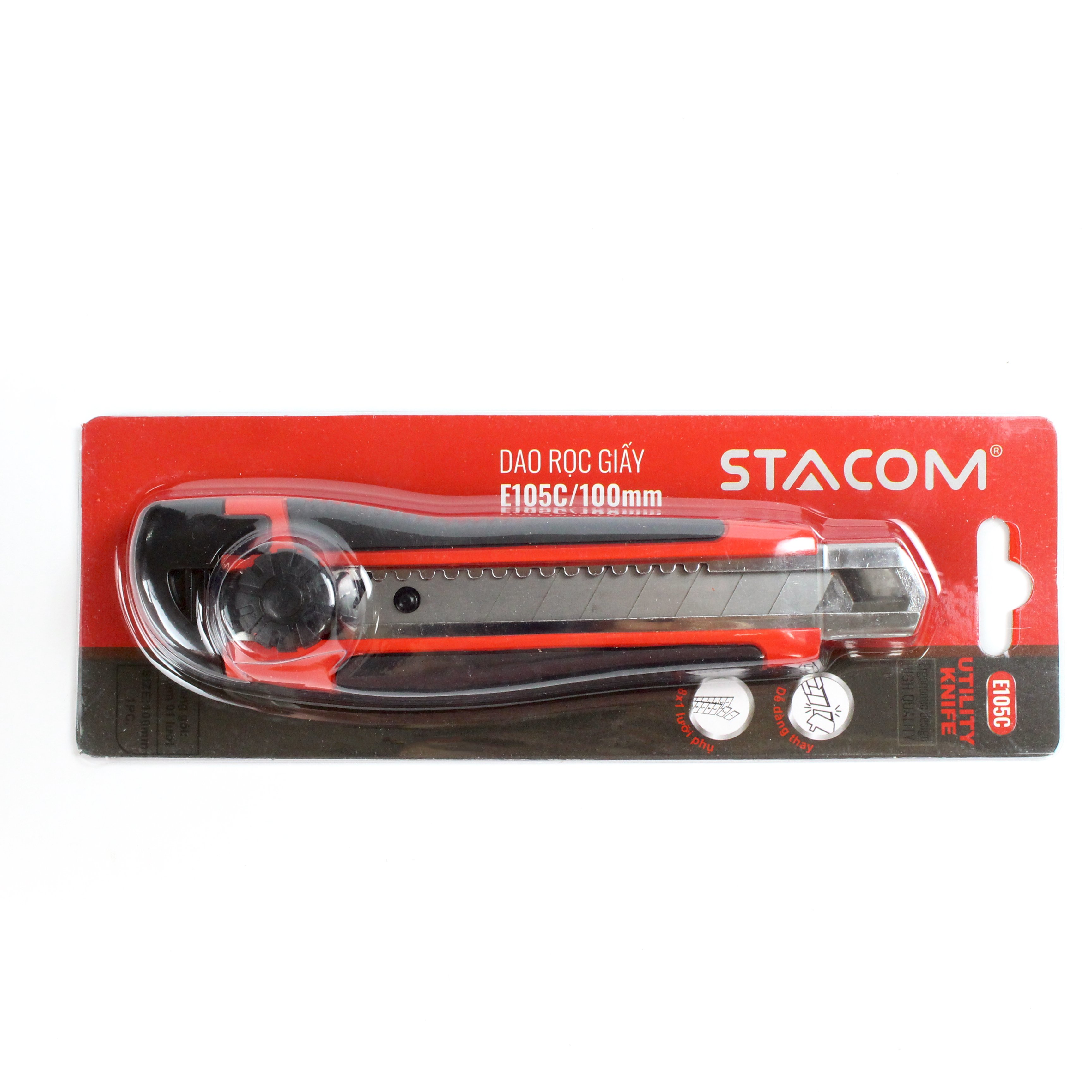 Dao Rọc Giấy Công Nghiệp STACOM Kèm 02 Lưỡi Phụ - Lưỡi Cỡ Lớn E105C - 18 x 100 x 0.5 mm - Có bán kèm lưỡi thay