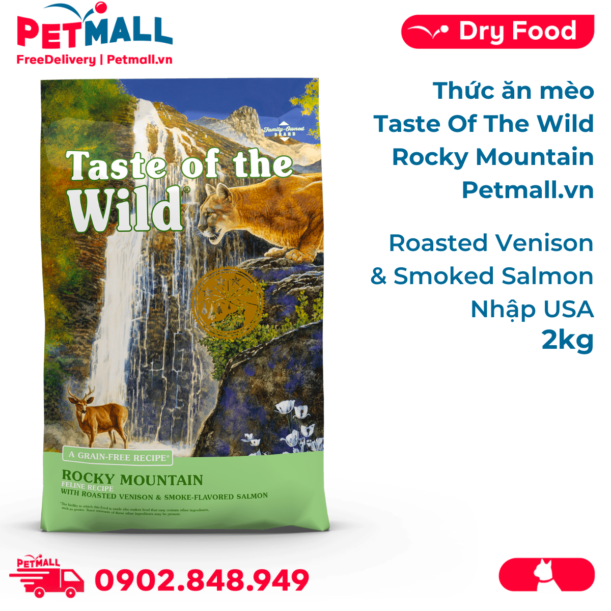 Thức ăn mèo Taste Of The Wild Rocky Mountain 2kg - Roasted Venison & Smoked Salmon - thịt nai nướng nhập USA
