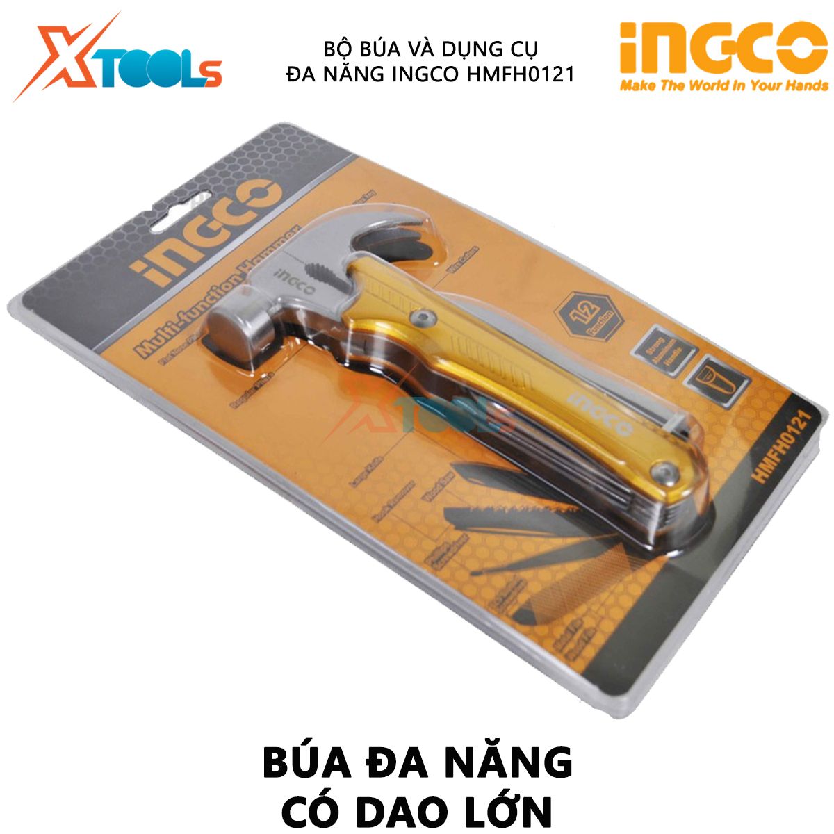 Búa đa năng INGCO HMFH0121 | búa mini đa năng 12 chức năng gồm Búa kẹp Kìm mũi dẹt Kìm thường Kìm cắt dây Dao lớn Cưa gỗ XTOOLs