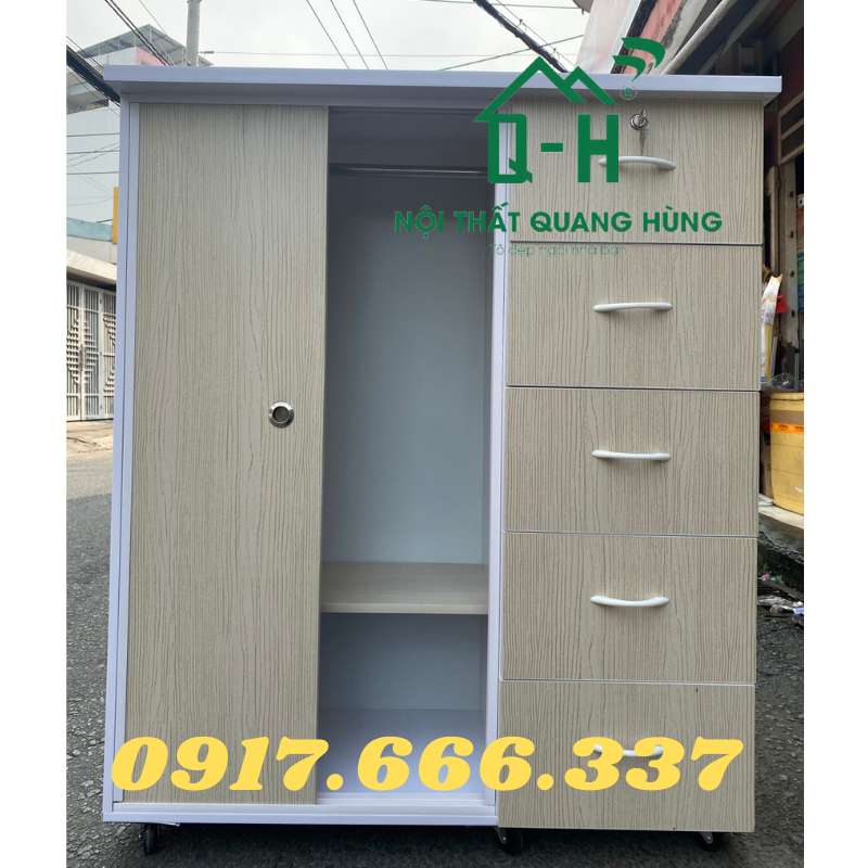 Tủ nhựa đài loan 2 cánh 5 ngăn kéo cửa lùa màu kem dành cho bé