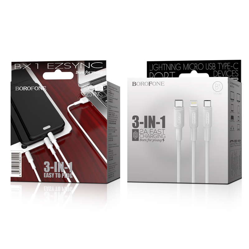 Cáp sạc 3 trong 1 Lightning- Type C- Micro USB dài 1m Borofone BX1