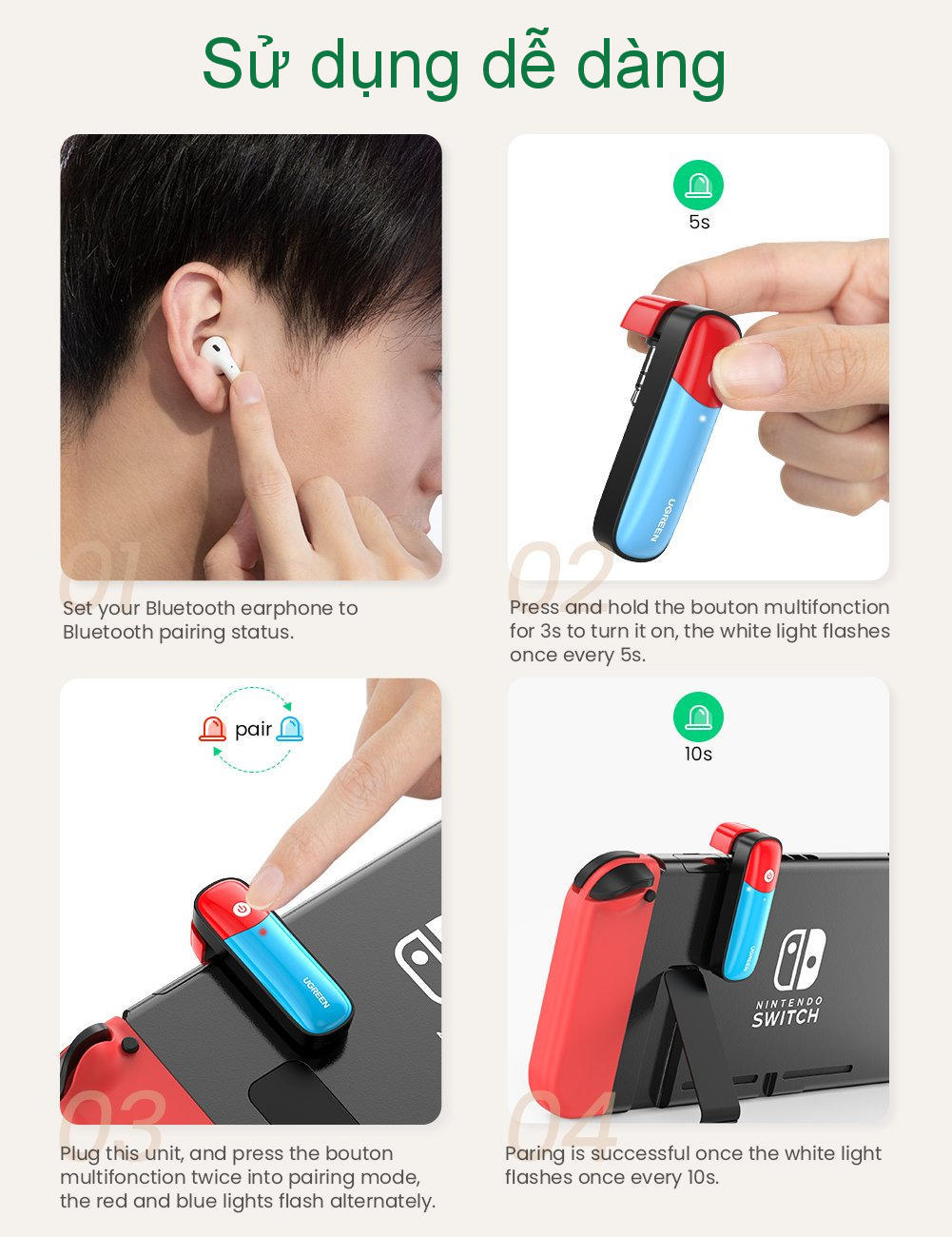 Bộ phát Bluetooth cho máy chơi game Nintendo Switch hỗ trợ APTX Low Latency UGREEN 80188