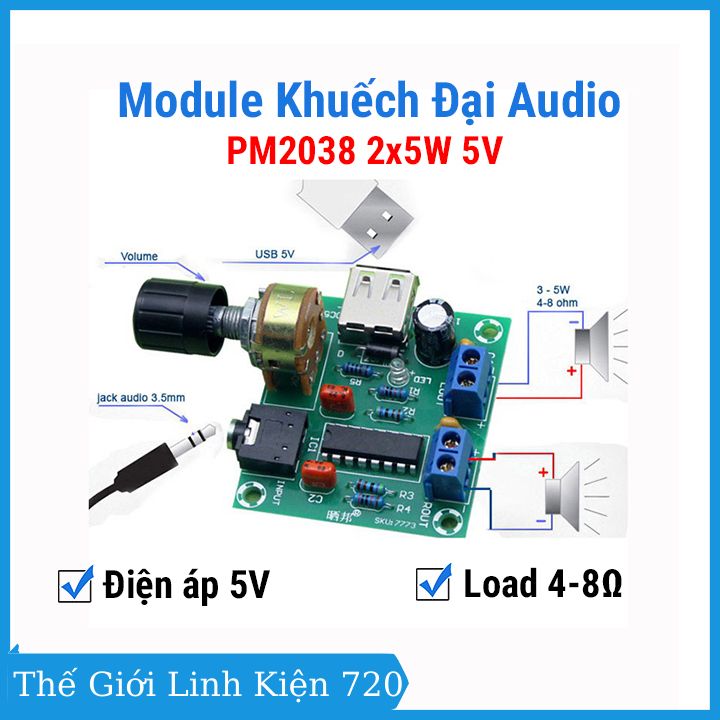 Module khuếch đại Audio PM2038 2x5W 5V làm mạch loa mini điện thoại, laptop