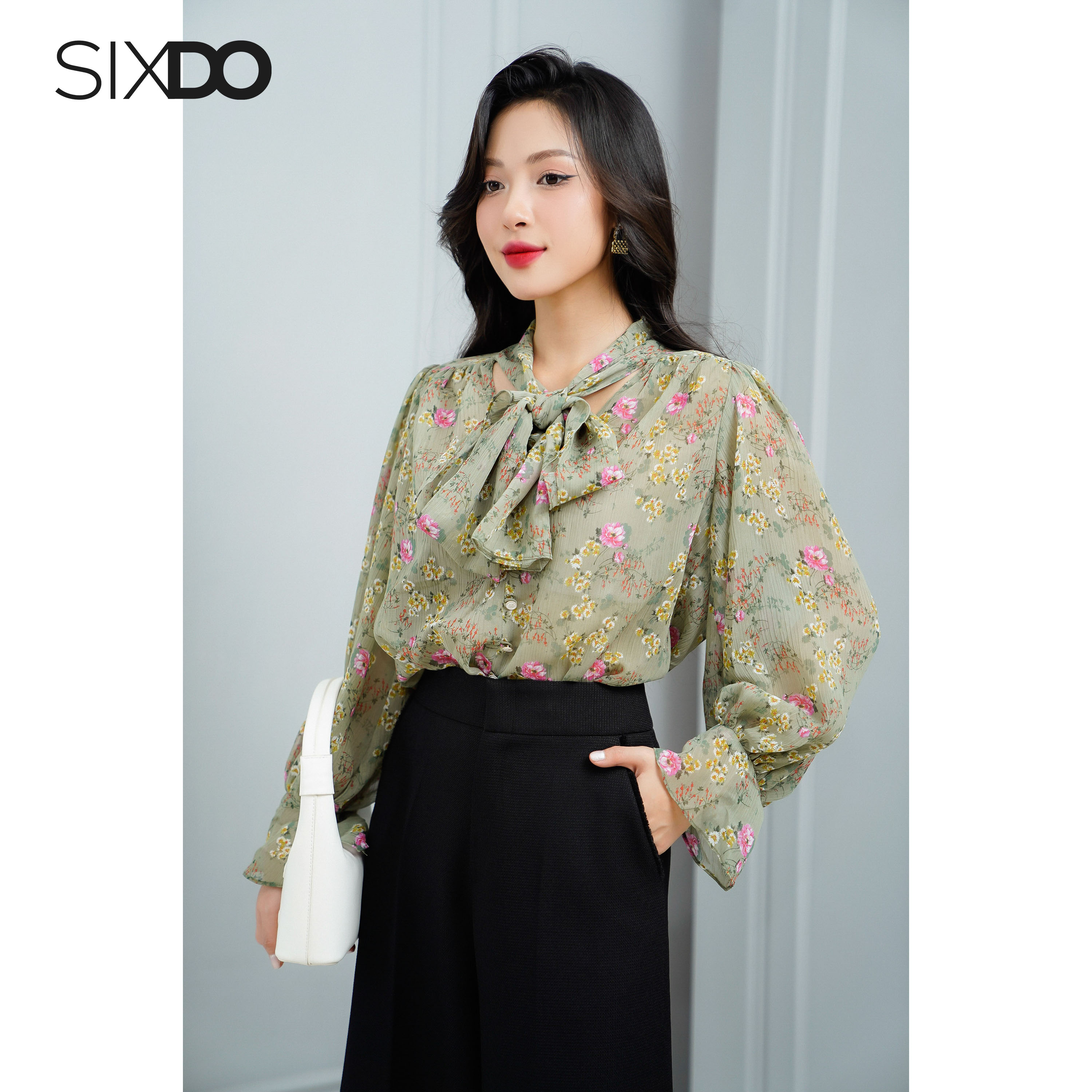 Áo sơ mi nữ voan tay phồng thời trang SIXDO (Olive Floral Voile Shirt)