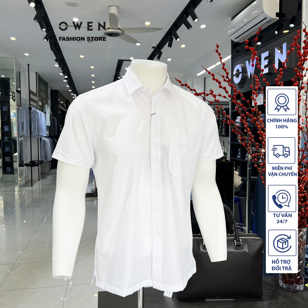 1107áo sơ mi trắng owen cộc tay dáng bodyfit sợi recycle ab221642nt